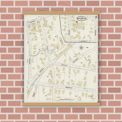 Old map wall art mockup — magnetic wood frame on brick wall — Sanborn Fire Insurance Map from Marlborough, Middlesex County, Massachusetts (1890), Sheet #0006