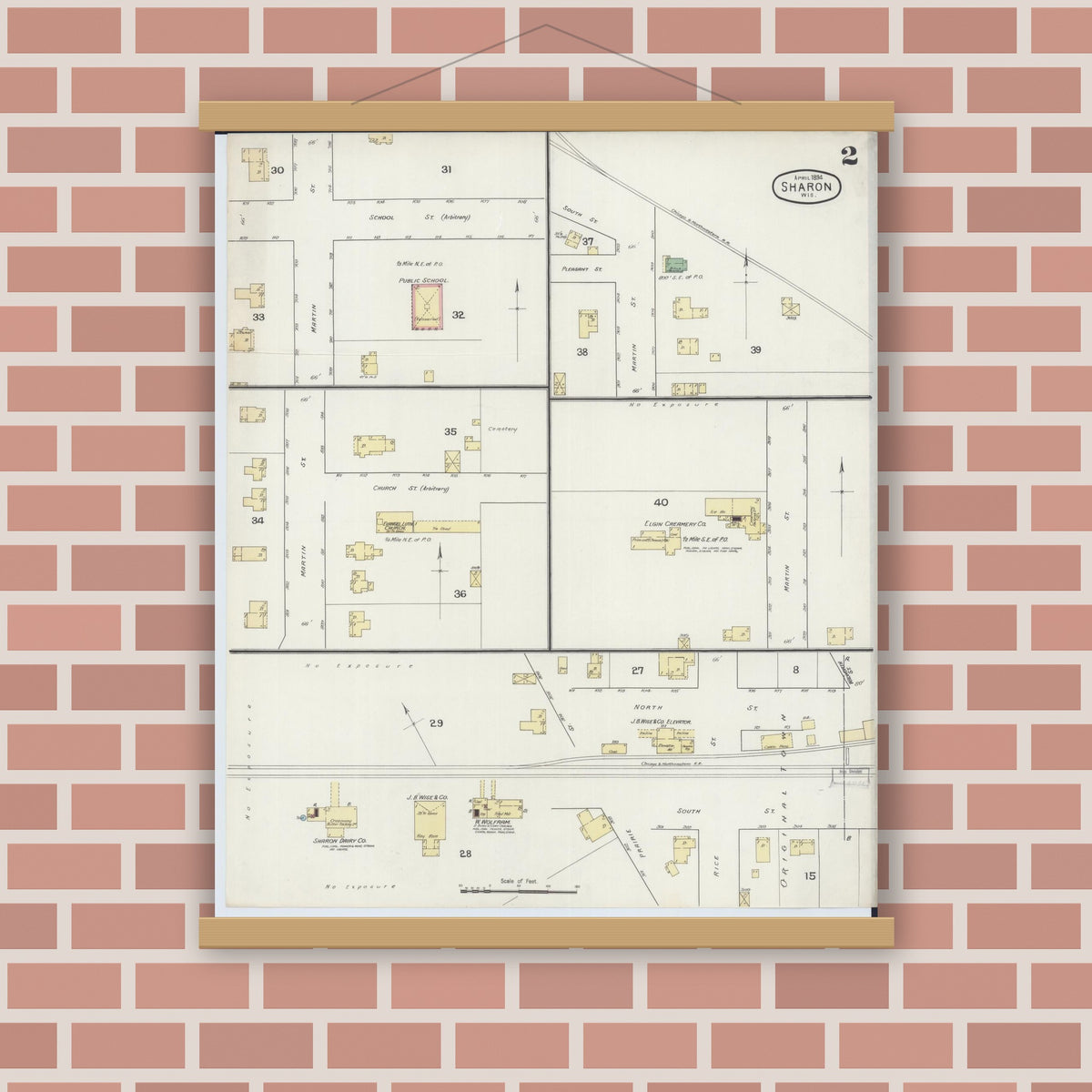Old map wall art mockup — magnetic wood frame on brick wall — Sanborn Fire Insurance Map from Sharon, Walworth County, Wisconsin (1894), Sheet #0002