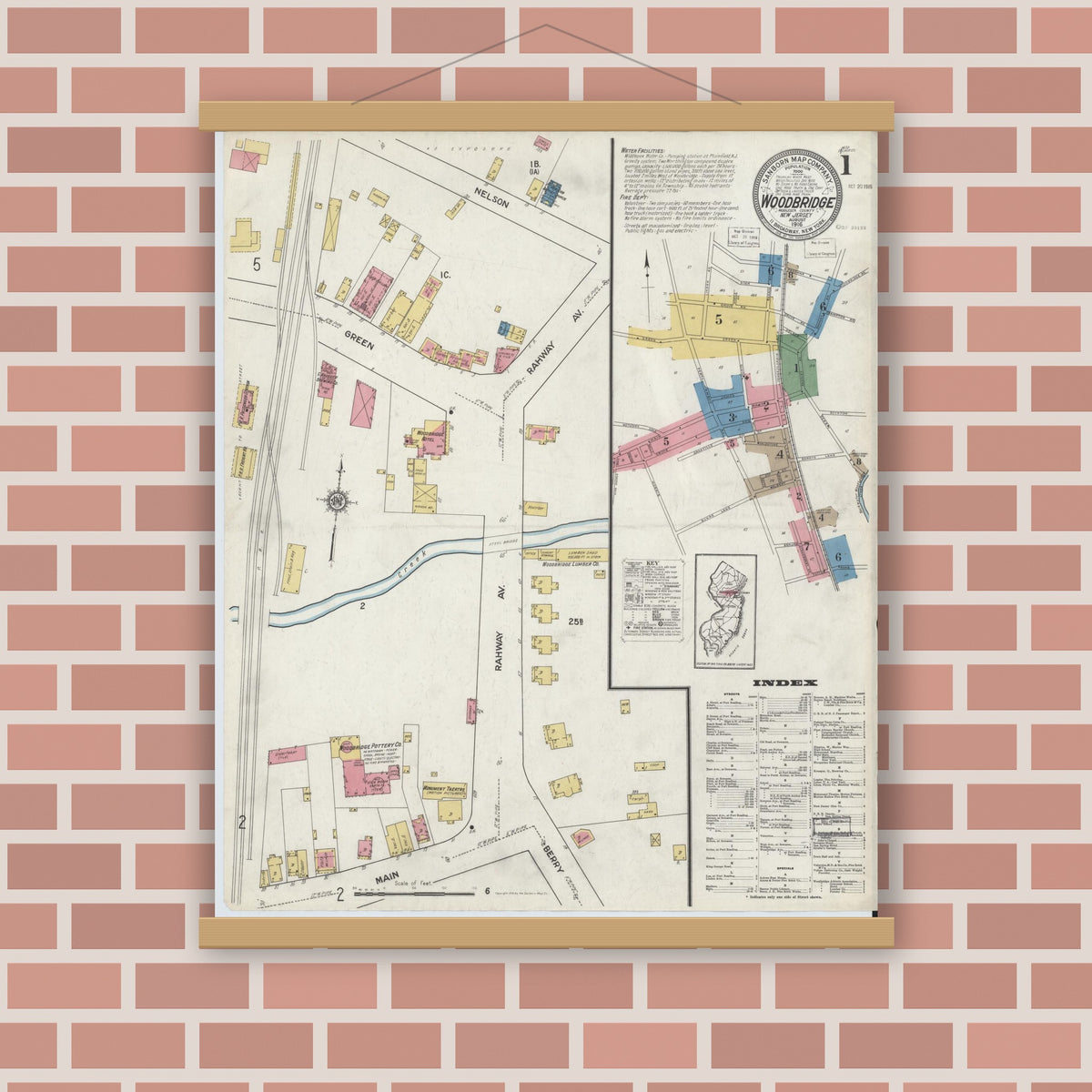 Old map wall art mockup — magnetic wood frame on brick wall — Sanborn Fire Insurance Map from Woodbridge, Middlesex County, New Jersey (1916), Sheet #0001