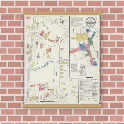 Old map wall art mockup — magnetic wood frame on brick wall — Sanborn Fire Insurance Map from Woodbridge, Middlesex County, New Jersey (1916), Sheet #0001