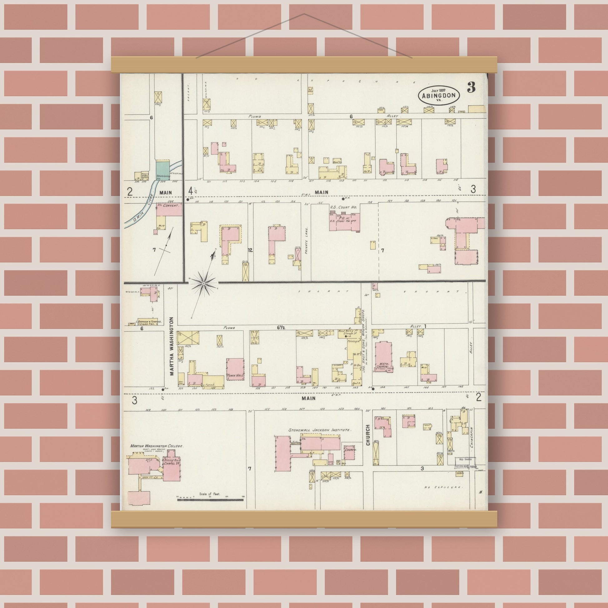 Old map wall art mockup — magnetic wood frame on brick wall — Sanborn Fire Insurance Map from Abingdon, Washington County, Virginia (1897), Sheet #0003