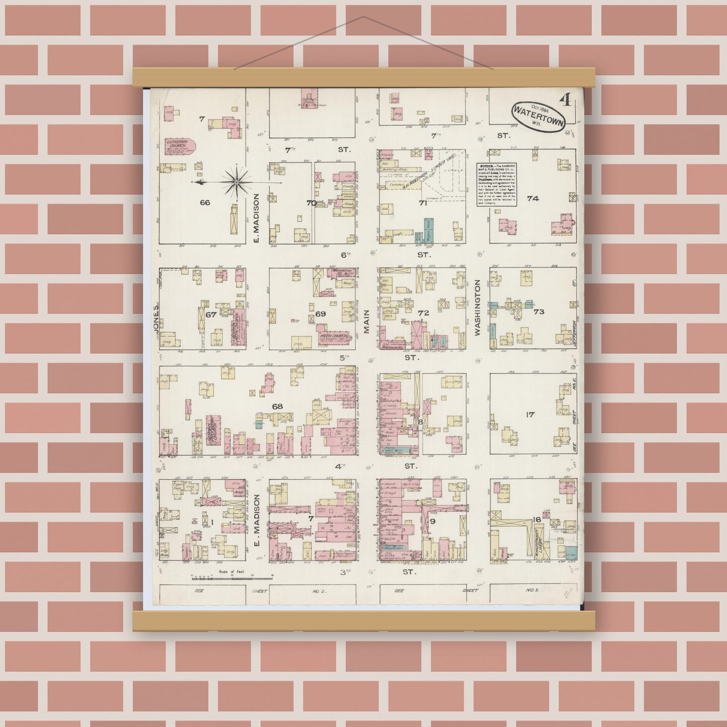 Old map wall art mockup — magnetic wood frame on brick wall — Sanborn Fire Insurance Map from Watertown, Jefferson County, Wisconsin (1884), Sheet #0004