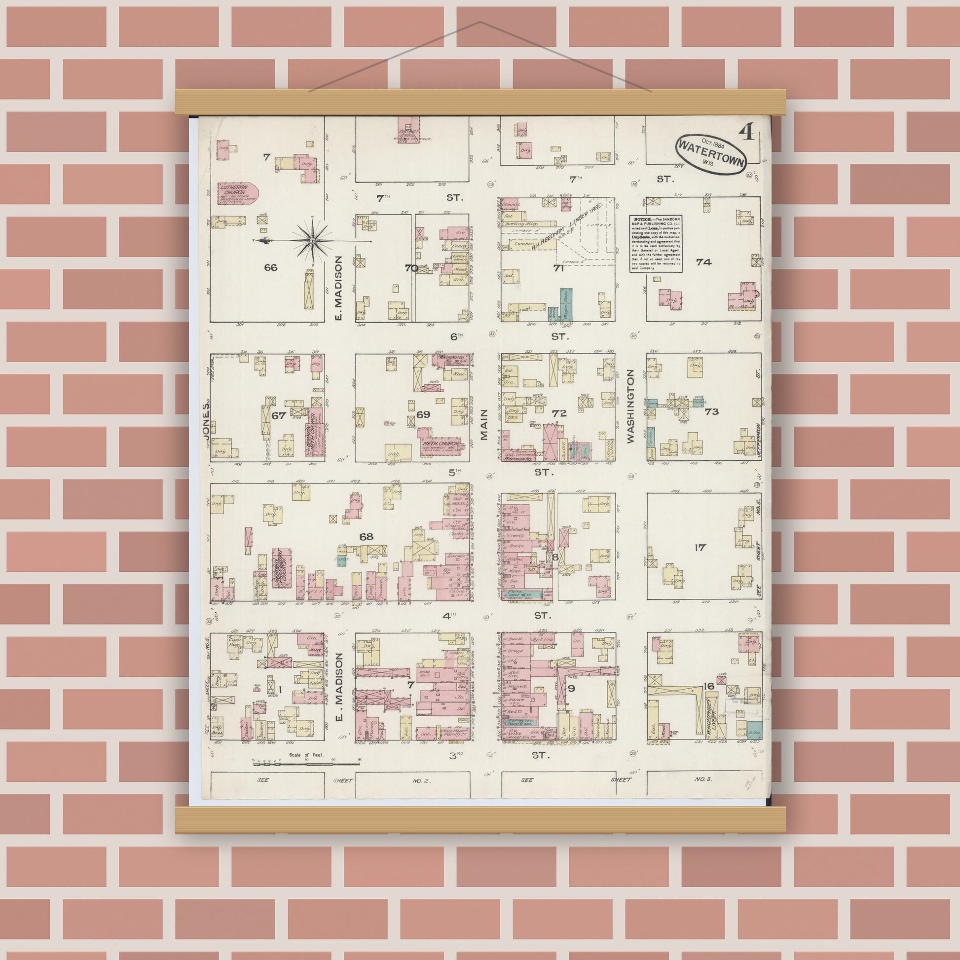 Old map wall art mockup — magnetic wood frame on brick wall — Sanborn Fire Insurance Map from Watertown, Jefferson County, Wisconsin (1884), Sheet #0004