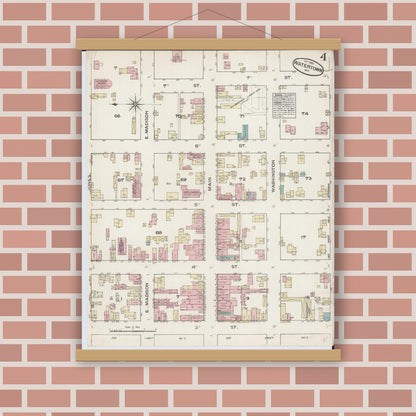Old map wall art mockup — magnetic wood frame on brick wall — Sanborn Fire Insurance Map from Watertown, Jefferson County, Wisconsin (1884), Sheet #0004