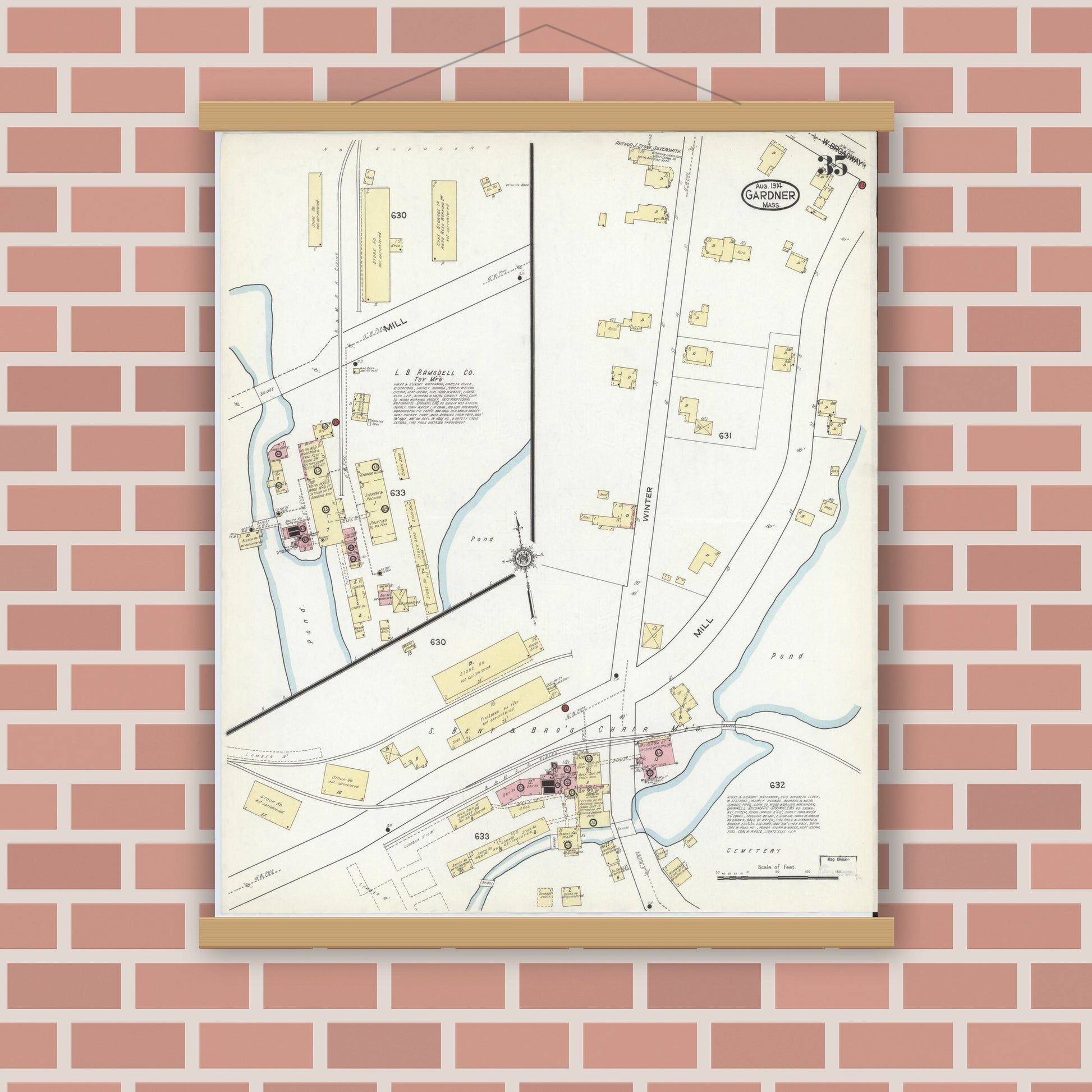 Old map wall art mockup — magnetic wood frame on brick wall — Sanborn Fire Insurance Map from Gardner, Worcester County, Massachusetts (1914), Sheet #0035