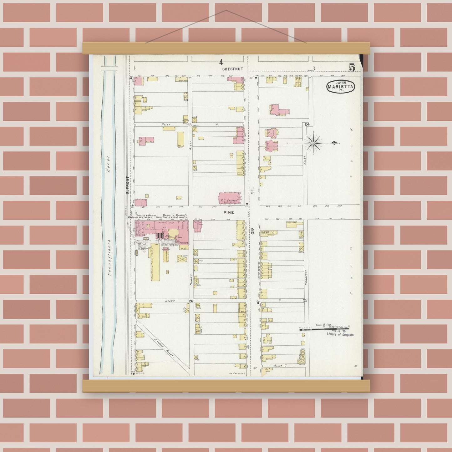 Old map wall art mockup — magnetic wood frame on brick wall — Sanborn Fire Insurance Map from Marietta, Lancaster County, Pennsylvania (1896), Sheet #0005