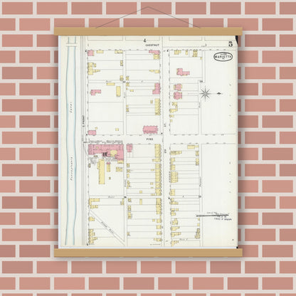 Old map wall art mockup — magnetic wood frame on brick wall — Sanborn Fire Insurance Map from Marietta, Lancaster County, Pennsylvania (1896), Sheet #0005