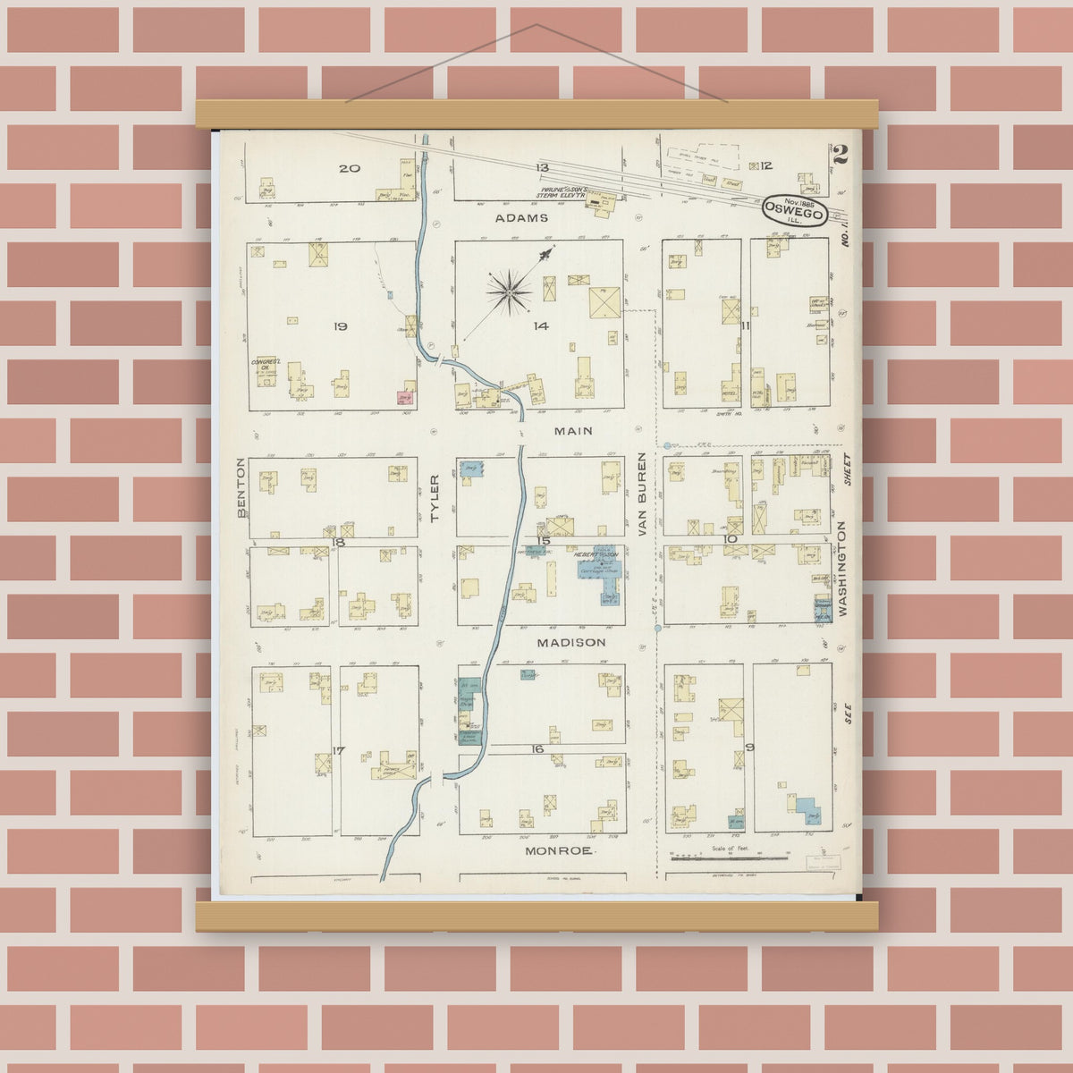 Old map wall art mockup — magnetic wood frame on brick wall — Sanborn Fire Insurance Map from Oswego, Kendall County, Illinois (1885), Sheet #0002