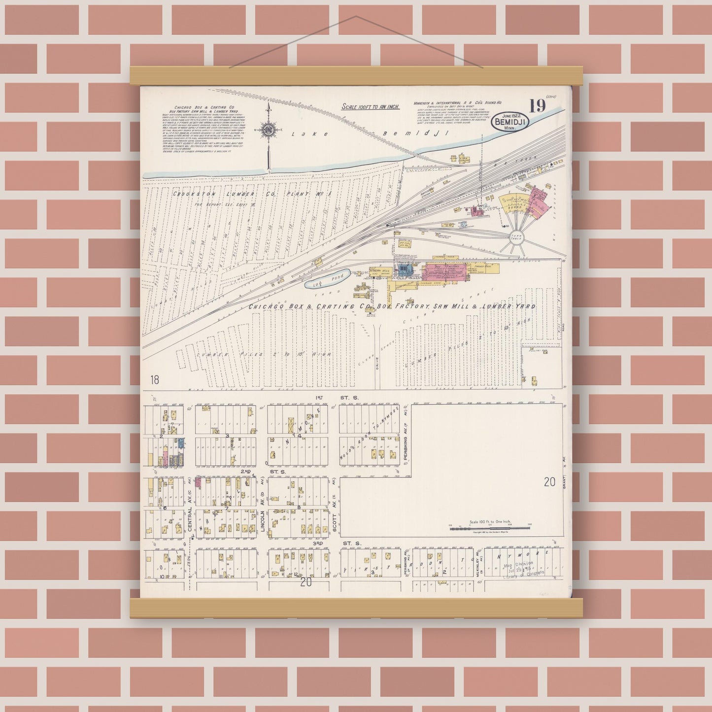 Old map wall art mockup — magnetic wood frame on brick wall — Sanborn Fire Insurance Map from Bemidji, Beltrami County, Minnesota (1922), Sheet #0019