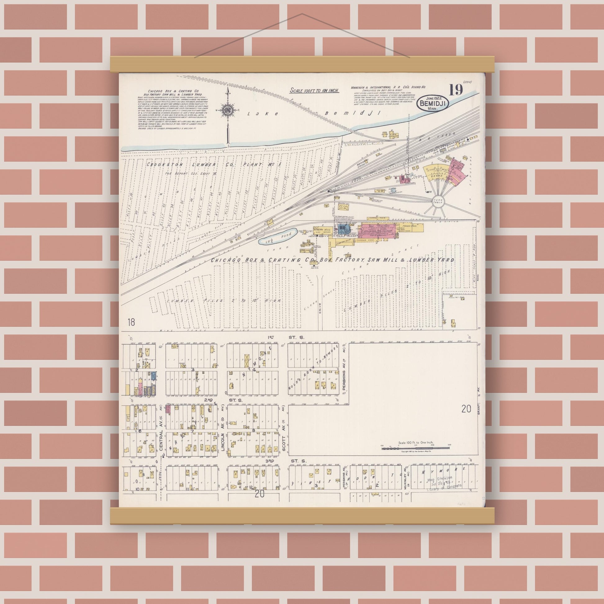 Old map wall art mockup — magnetic wood frame on brick wall — Sanborn Fire Insurance Map from Bemidji, Beltrami County, Minnesota (1922), Sheet #0019