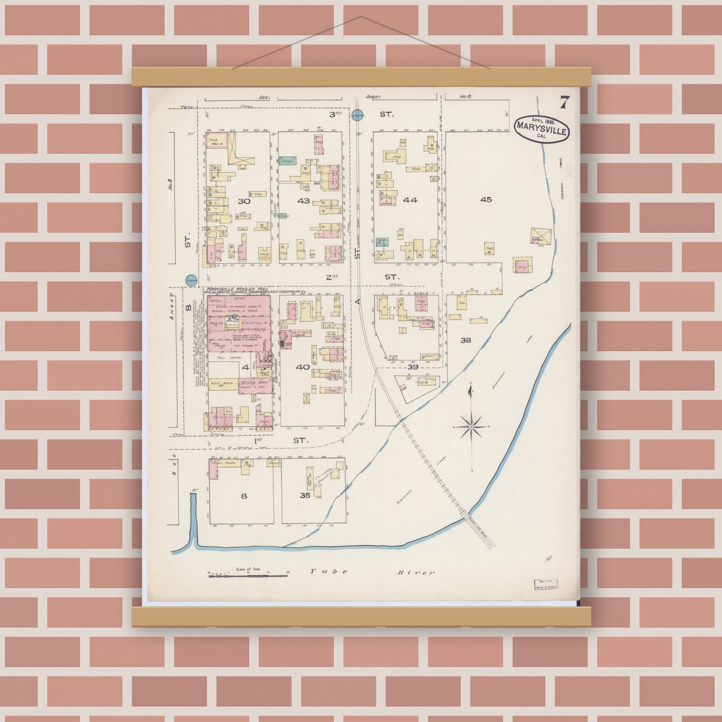 Old map wall art mockup — magnetic wood frame on brick wall — Sanborn Fire Insurance Map from Marysville, Yuba County, California (1885), Sheet #0007