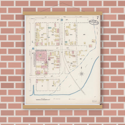 Old map wall art mockup — magnetic wood frame on brick wall — Sanborn Fire Insurance Map from Marysville, Yuba County, California (1885), Sheet #0007