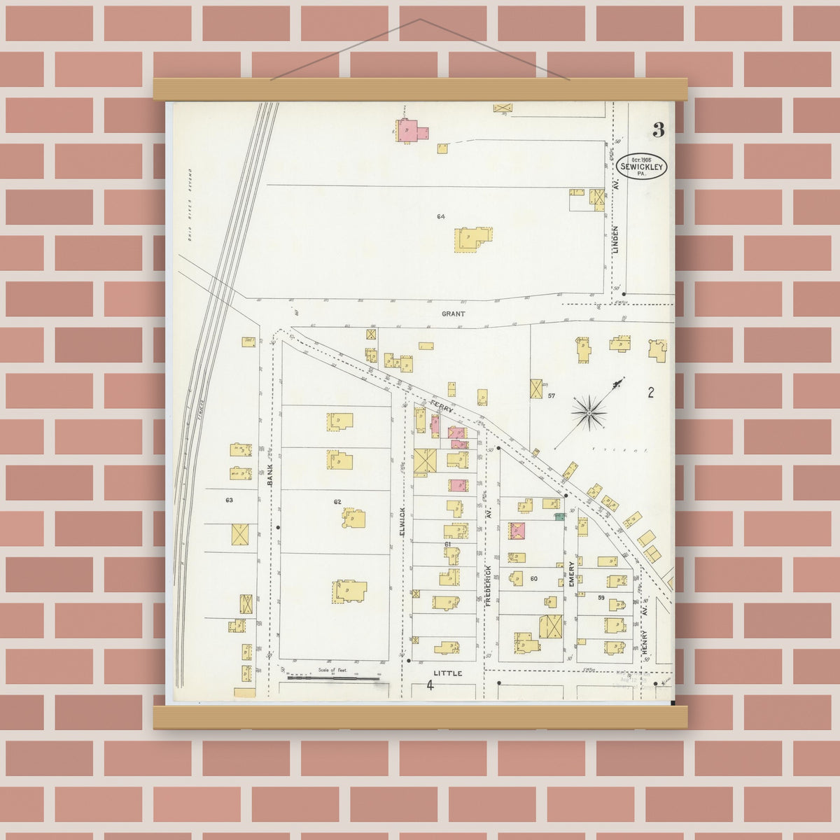 Old map wall art mockup — magnetic wood frame on brick wall — Sanborn Fire Insurance Map from Sewickley, Allegheny County, Pennsylvania (1905), Sheet #0003