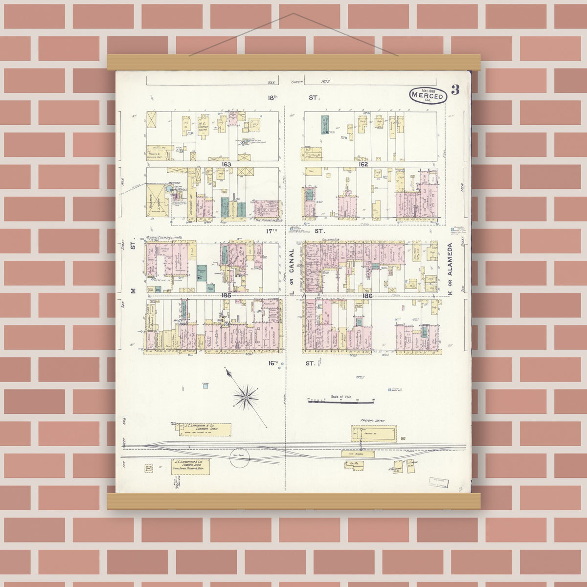 Old map wall art mockup — magnetic wood frame on brick wall — Sanborn Fire Insurance Map from Merced, Merced County, California (1888), Sheet #0003