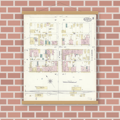 Old map wall art mockup — magnetic wood frame on brick wall — Sanborn Fire Insurance Map from Merced, Merced County, California (1888), Sheet #0003