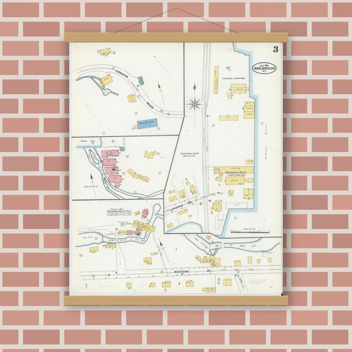 Old map wall art mockup — magnetic wood frame on brick wall — Sanborn Fire Insurance Map from Marlborough, Ulster County, New York (1905), Sheet #0003