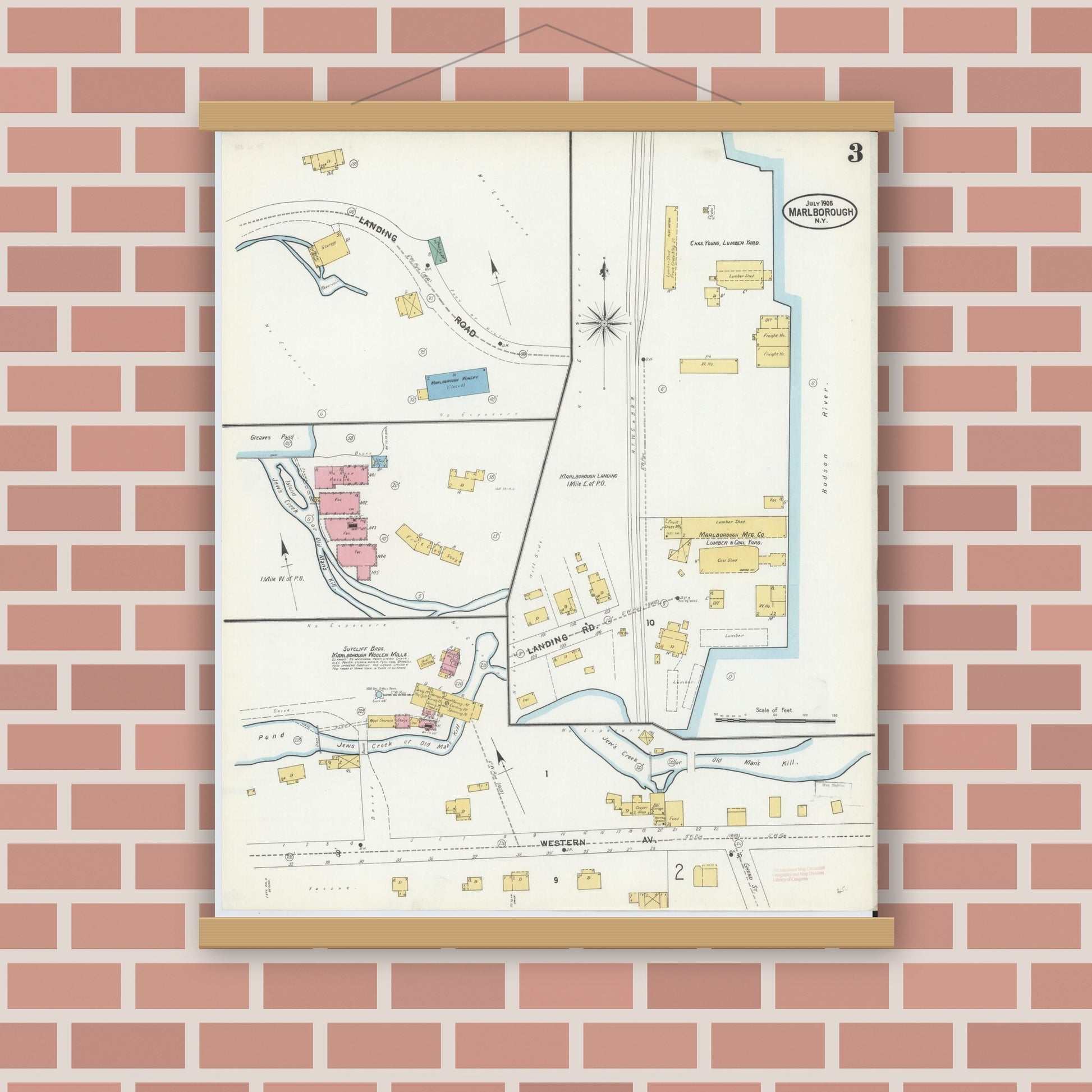 Old map wall art mockup — magnetic wood frame on brick wall — Sanborn Fire Insurance Map from Marlborough, Ulster County, New York (1905), Sheet #0003
