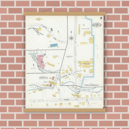 Old map wall art mockup — magnetic wood frame on brick wall — Sanborn Fire Insurance Map from Marlborough, Ulster County, New York (1905), Sheet #0003