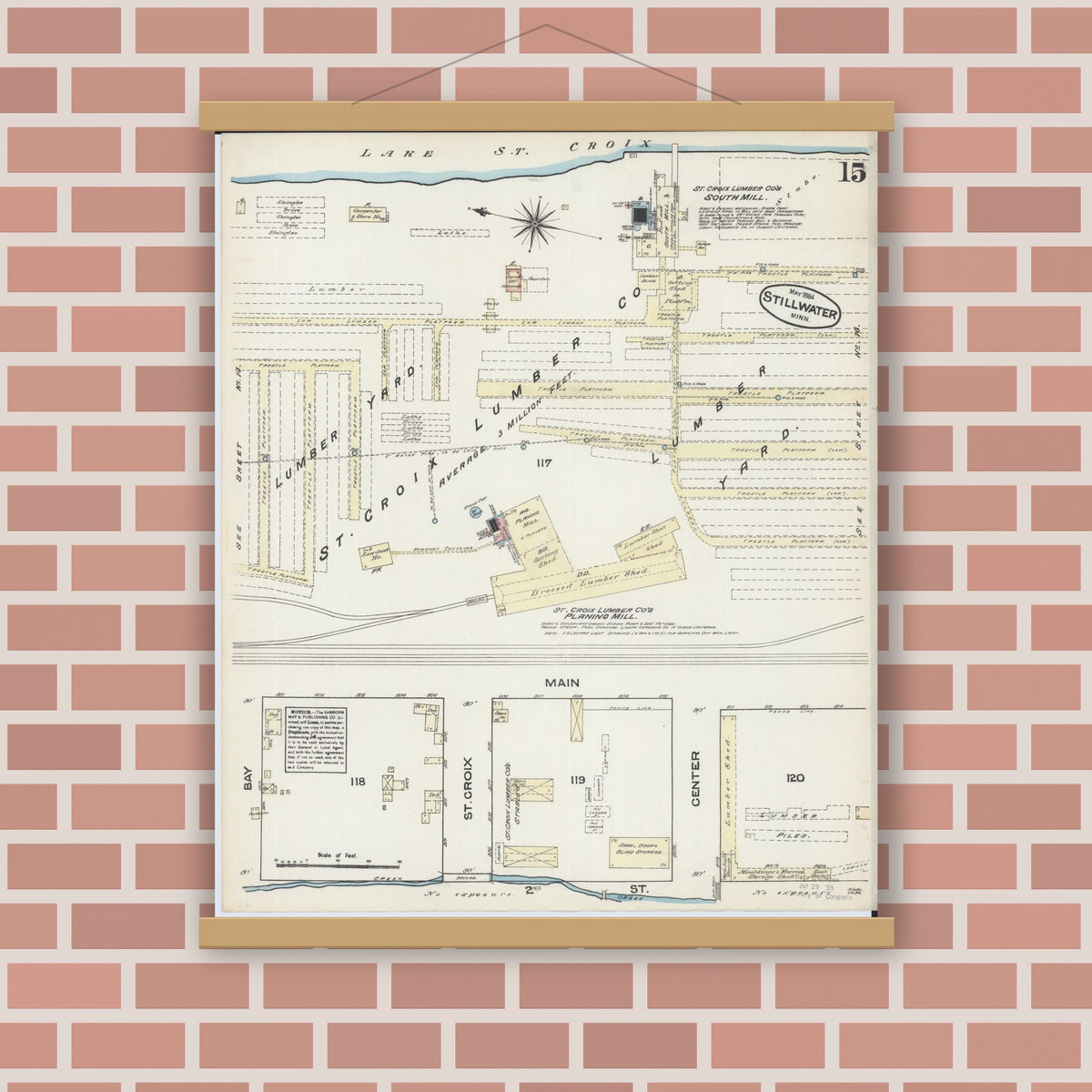 Old map wall art mockup — magnetic wood frame on brick wall — Sanborn Fire Insurance Map from Stillwater, Washington County, Minnesota (1884), Sheet #0015