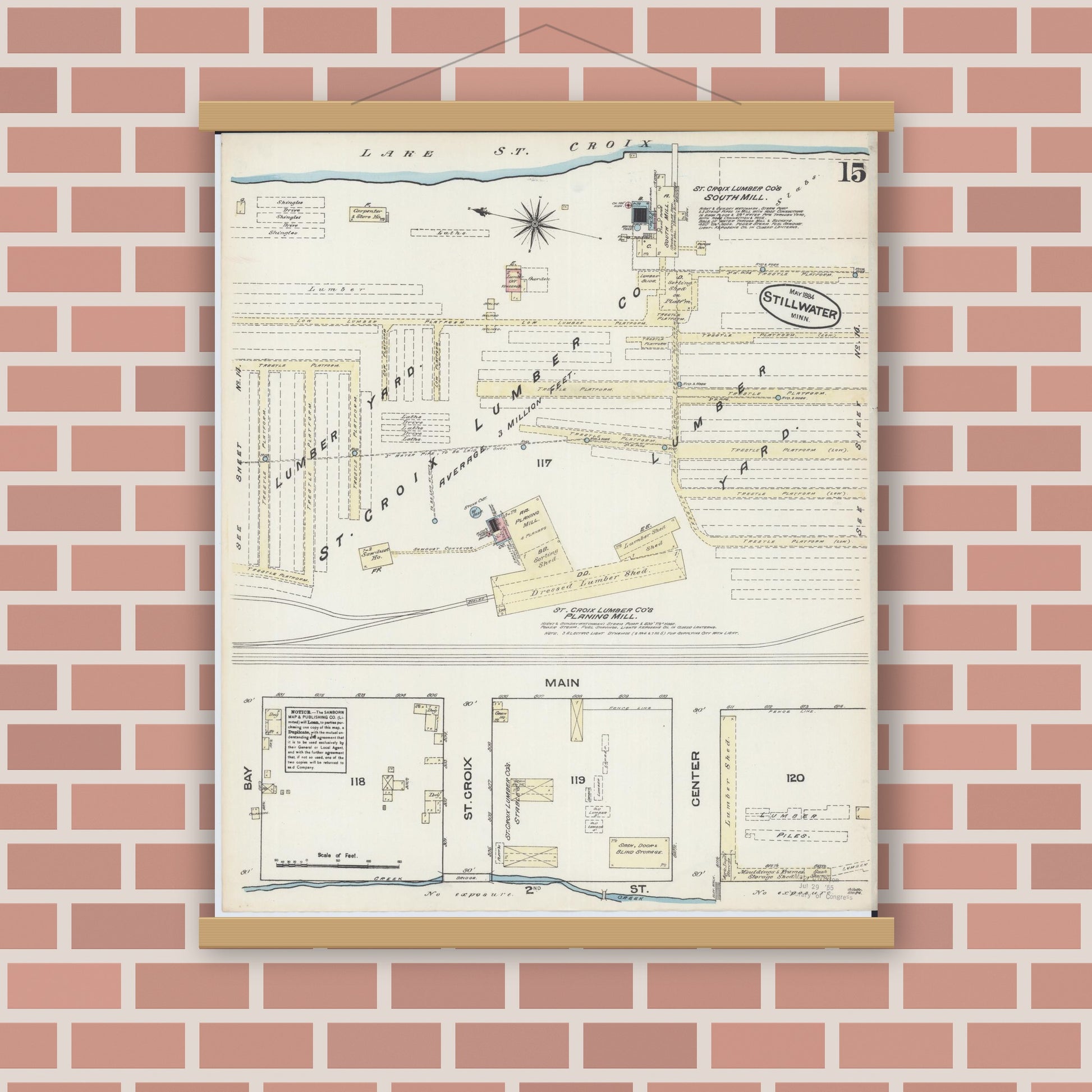 Old map wall art mockup — magnetic wood frame on brick wall — Sanborn Fire Insurance Map from Stillwater, Washington County, Minnesota (1884), Sheet #0015