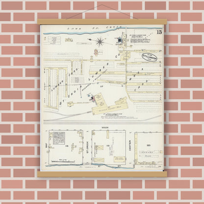 Old map wall art mockup — magnetic wood frame on brick wall — Sanborn Fire Insurance Map from Stillwater, Washington County, Minnesota (1884), Sheet #0015