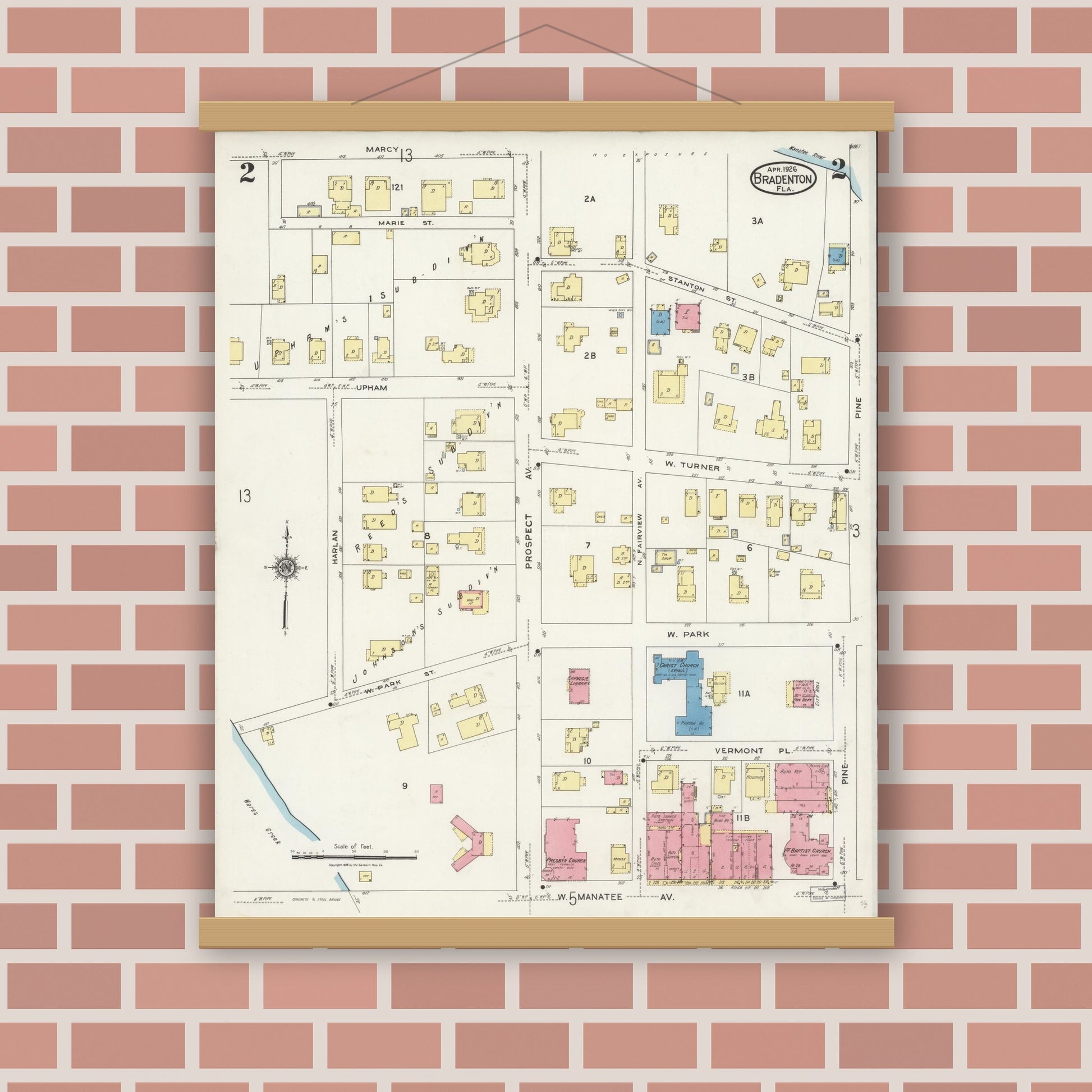 Old map wall art mockup — magnetic wood frame on brick wall — Sanborn Fire Insurance Map from Bradentown, Manatee County, Florida (1926), Sheet #0002