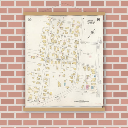 Old map wall art mockup — magnetic wood frame on brick wall — Sanborn Fire Insurance Map from Plymouth, Plymouth County, Massachusetts (1948), Sheet #0010