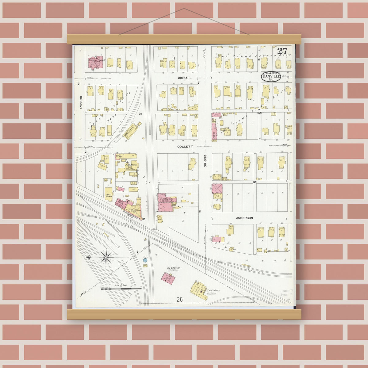 Old map wall art mockup — magnetic wood frame on brick wall — Sanborn Fire Insurance Map from Danville, Vermilion County, Illinois (1909), Sheet #0027