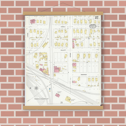 Old map wall art mockup — magnetic wood frame on brick wall — Sanborn Fire Insurance Map from Danville, Vermilion County, Illinois (1909), Sheet #0027