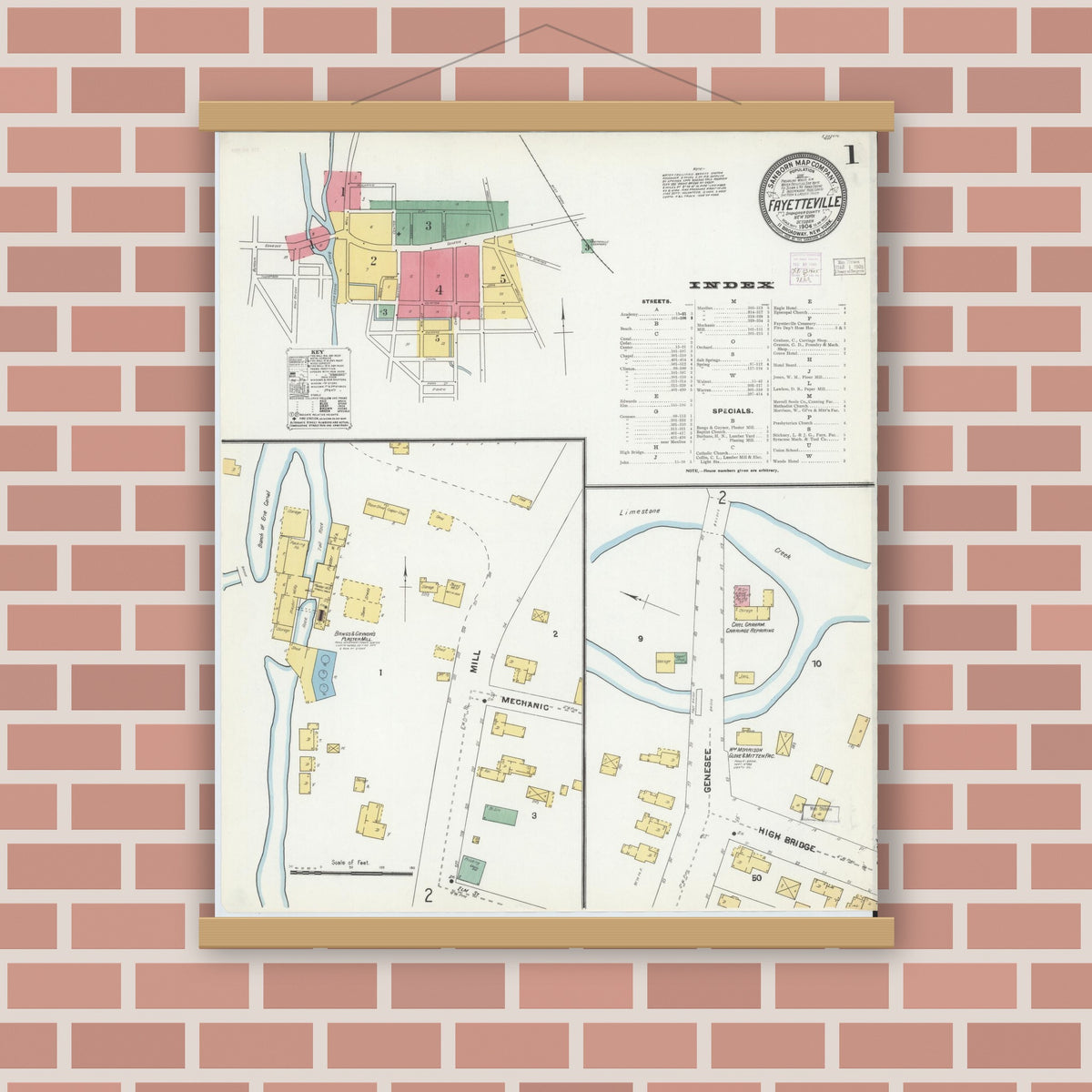 Old map wall art mockup — magnetic wood frame on brick wall — Sanborn Fire Insurance Map from Fayetteville, Onondaga County, New York (1904), Sheet #0001