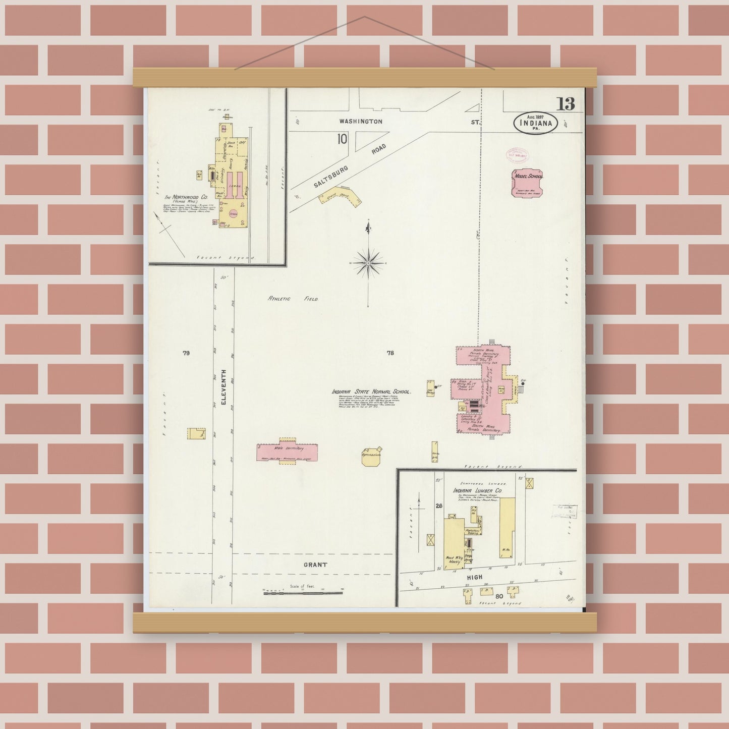 Old map wall art mockup — magnetic wood frame on brick wall — Sanborn Fire Insurance Map from Indiana, Indiana County, Pennsylvania (1888), Sheet #0013