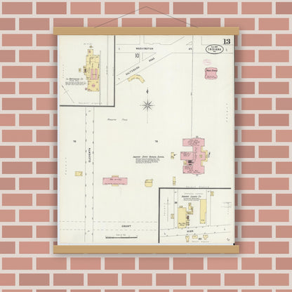 Old map wall art mockup — magnetic wood frame on brick wall — Sanborn Fire Insurance Map from Indiana, Indiana County, Pennsylvania (1888), Sheet #0013