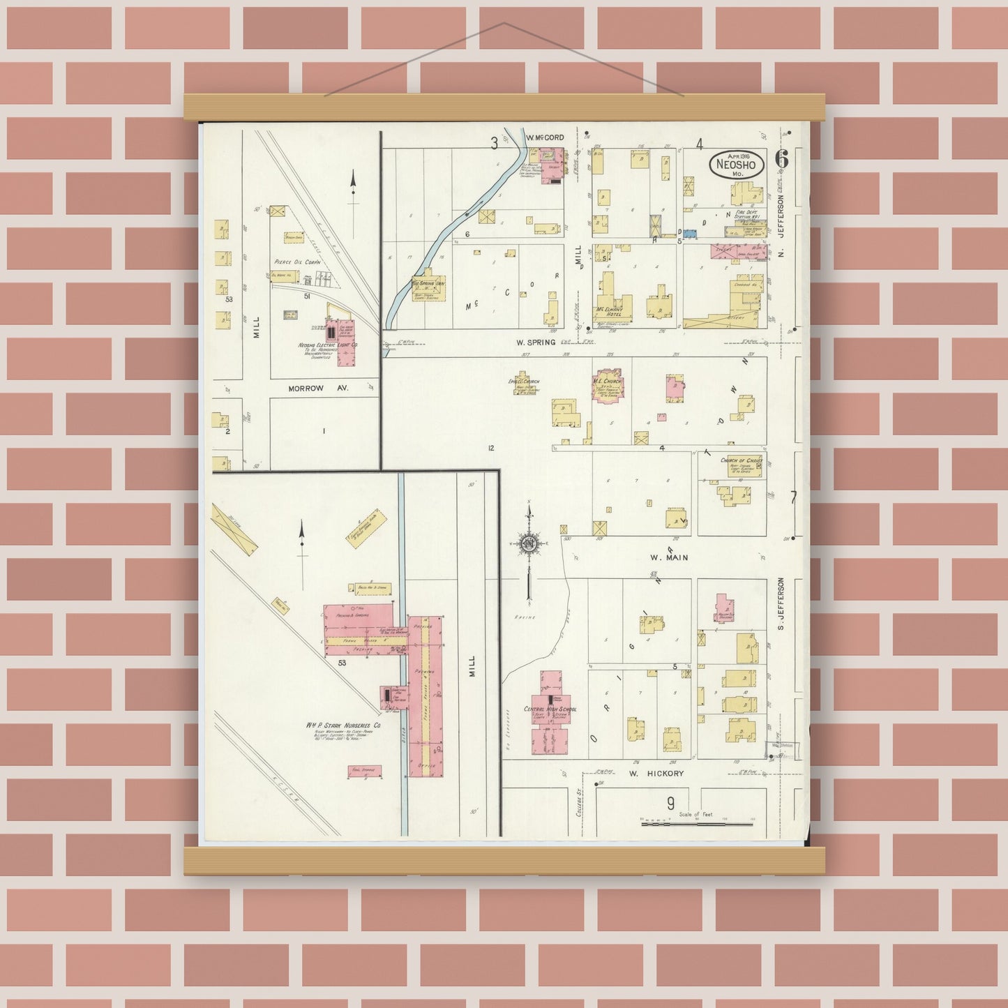 Old map wall art mockup — magnetic wood frame on brick wall — Sanborn Fire Insurance Map from Neosho, Newton County, Missouri (1916), Sheet #0006