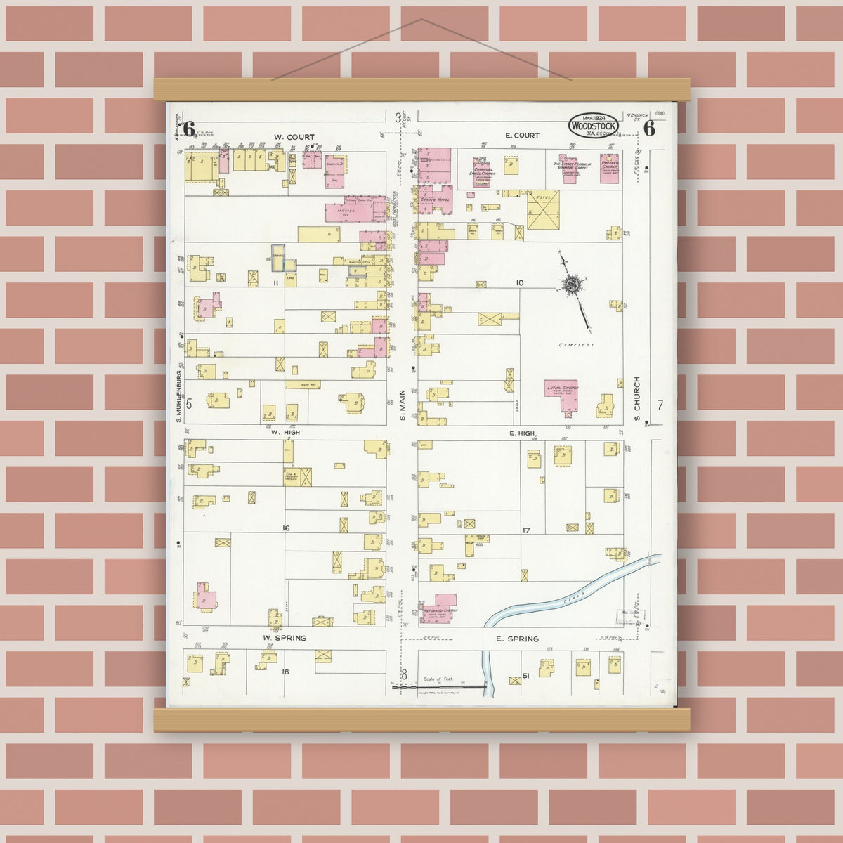 Old map wall art mockup — magnetic wood frame on brick wall — Sanborn Fire Insurance Map from Woodstock, Shenandoah County, Virginia (1924), Sheet #0006