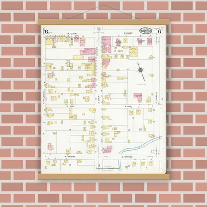 Old map wall art mockup — magnetic wood frame on brick wall — Sanborn Fire Insurance Map from Woodstock, Shenandoah County, Virginia (1924), Sheet #0006