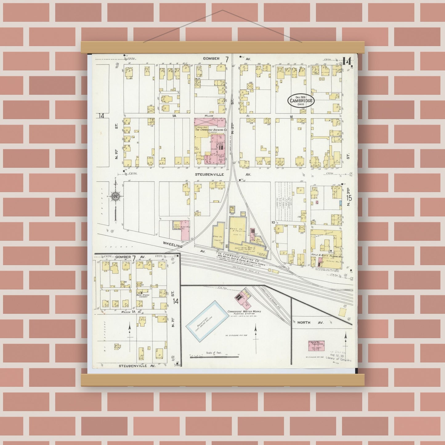 Old map wall art mockup — magnetic wood frame on brick wall — Sanborn Fire Insurance Map from Cambridge, Guernsey County, Ohio (1909), Sheet #0014