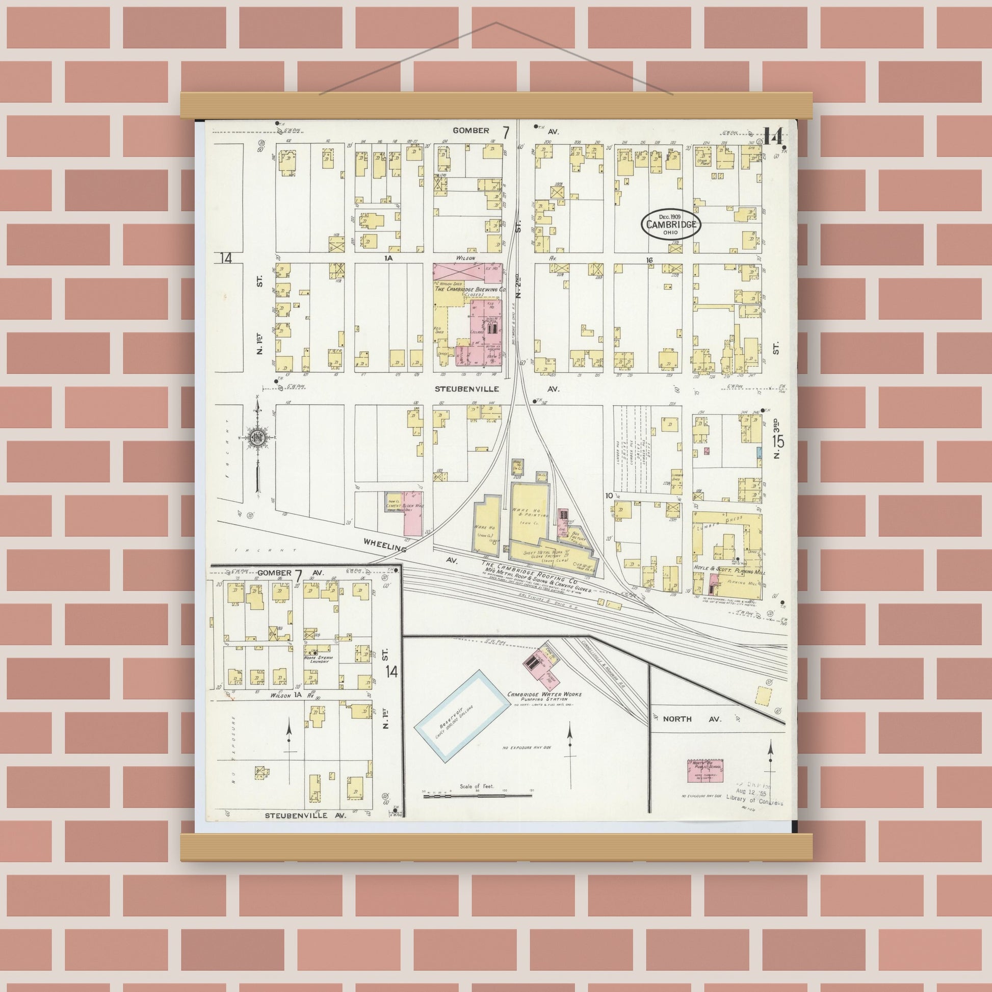 Old map wall art mockup — magnetic wood frame on brick wall — Sanborn Fire Insurance Map from Cambridge, Guernsey County, Ohio (1909), Sheet #0014