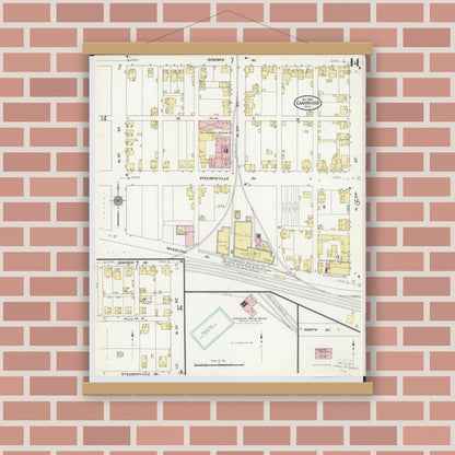 Old map wall art mockup — magnetic wood frame on brick wall — Sanborn Fire Insurance Map from Cambridge, Guernsey County, Ohio (1909), Sheet #0014