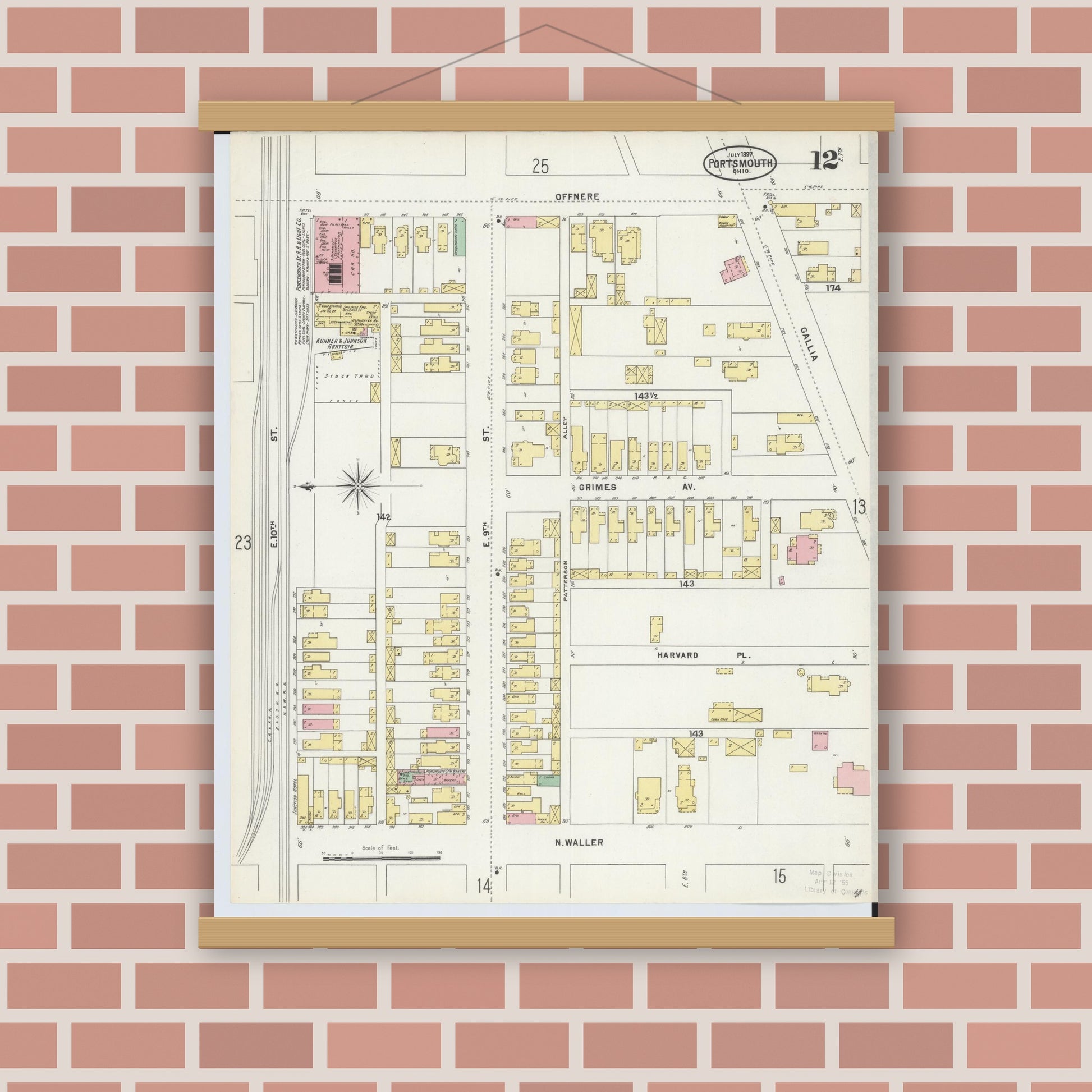 Old map wall art mockup — magnetic wood frame on brick wall — Sanborn Fire Insurance Map from Portsmouth, Scioto County, Ohio (1897), Sheet #0012