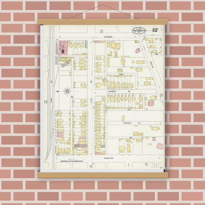 Old map wall art mockup — magnetic wood frame on brick wall — Sanborn Fire Insurance Map from Portsmouth, Scioto County, Ohio (1897), Sheet #0012