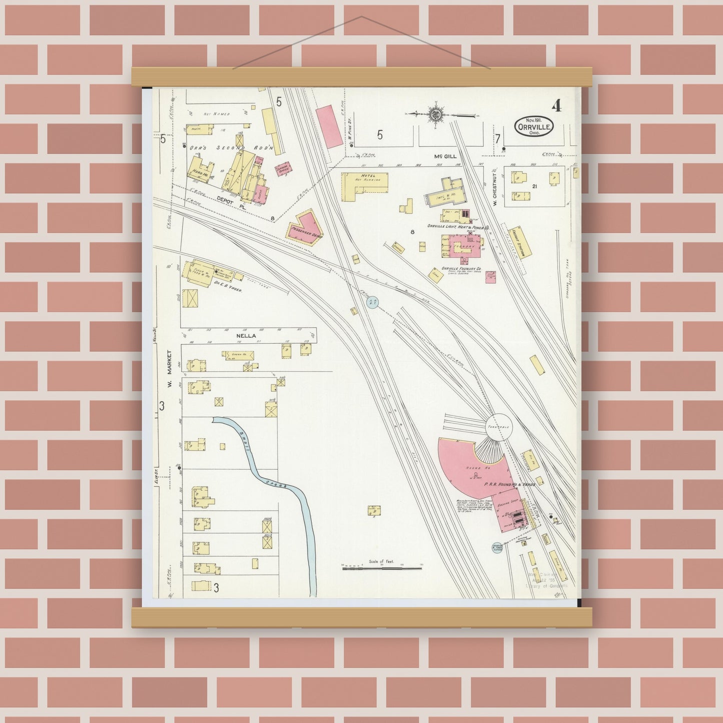 Old map wall art mockup — magnetic wood frame on brick wall — Sanborn Fire Insurance Map from Orrville, Wayne County, Ohio (1911), Sheet #0004