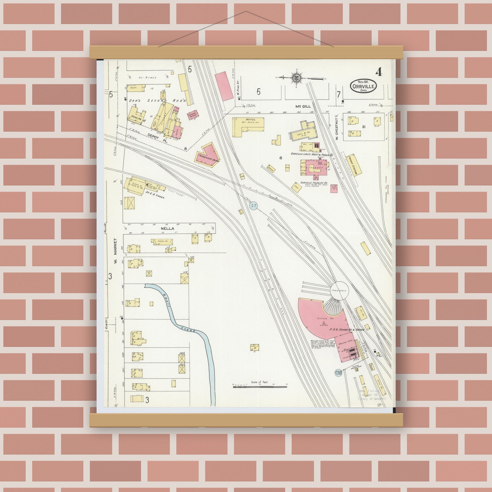 Old map wall art mockup — magnetic wood frame on brick wall — Sanborn Fire Insurance Map from Orrville, Wayne County, Ohio (1911), Sheet #0004