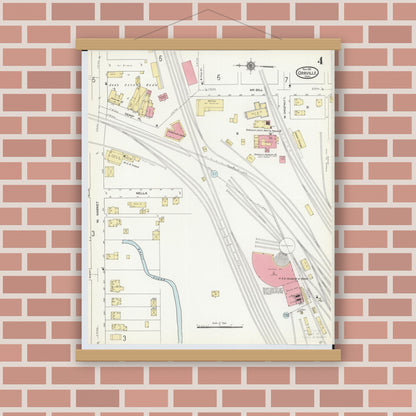 Old map wall art mockup — magnetic wood frame on brick wall — Sanborn Fire Insurance Map from Orrville, Wayne County, Ohio (1911), Sheet #0004