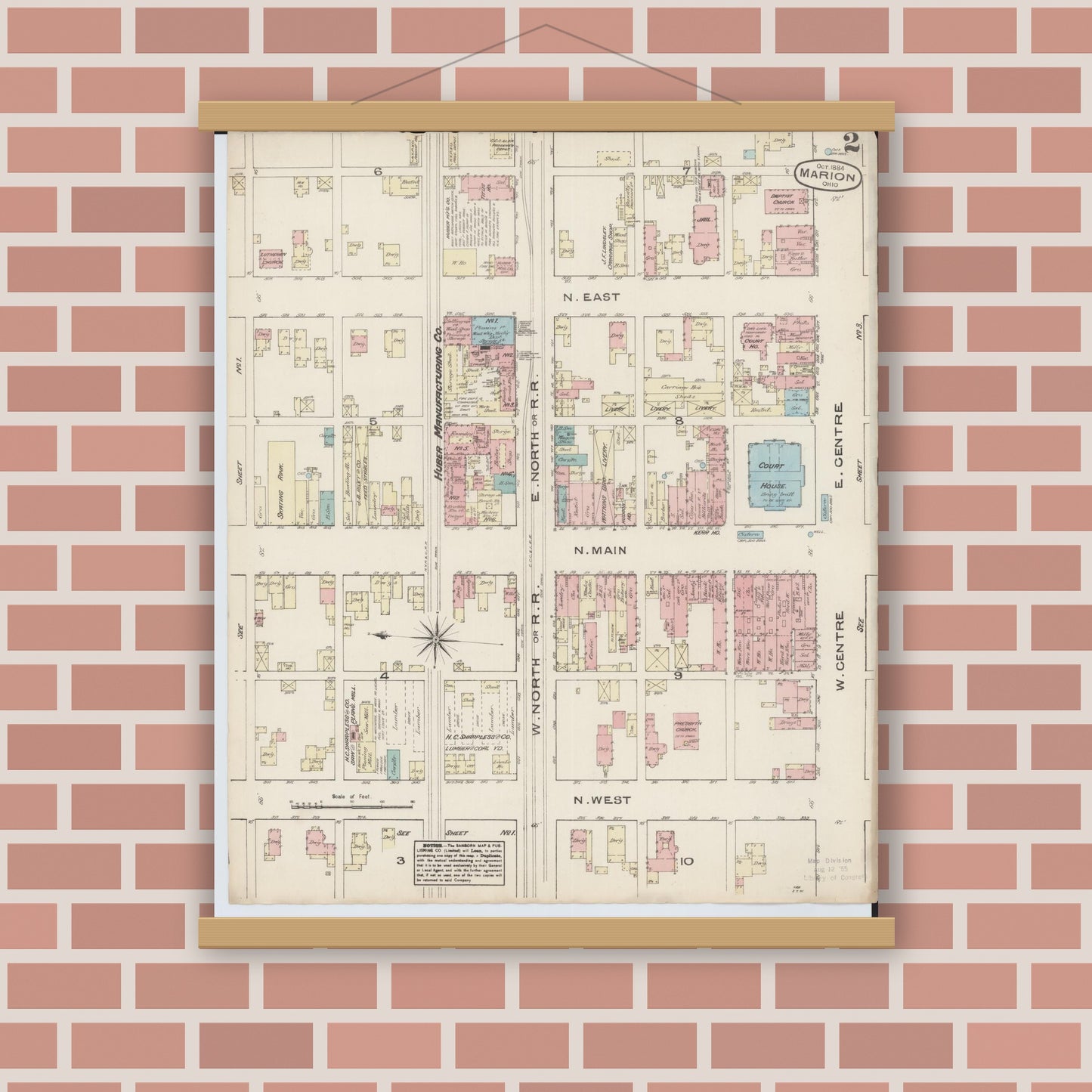 Old map wall art mockup — magnetic wood frame on brick wall — Sanborn Fire Insurance Map from Marion, Marion County, Ohio (1884), Sheet #0002