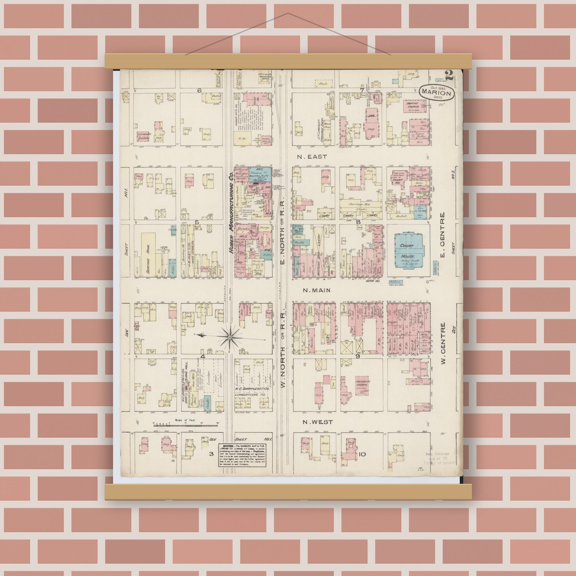 Old map wall art mockup — magnetic wood frame on brick wall — Sanborn Fire Insurance Map from Marion, Marion County, Ohio (1884), Sheet #0002