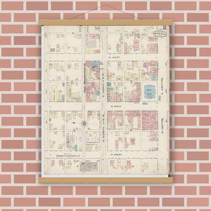 Old map wall art mockup — magnetic wood frame on brick wall — Sanborn Fire Insurance Map from Marion, Marion County, Ohio (1884), Sheet #0002