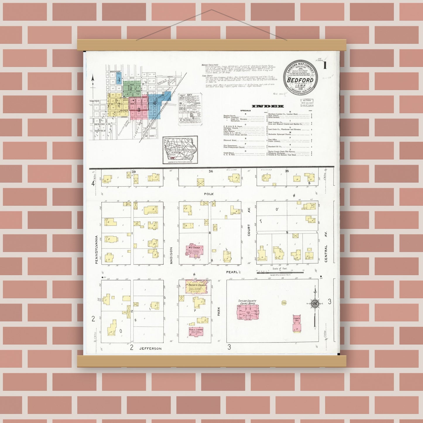 Old map wall art mockup — magnetic wood frame on brick wall — Sanborn Fire Insurance Map from Bedford, Taylor County, Iowa (1918), Sheet #0001