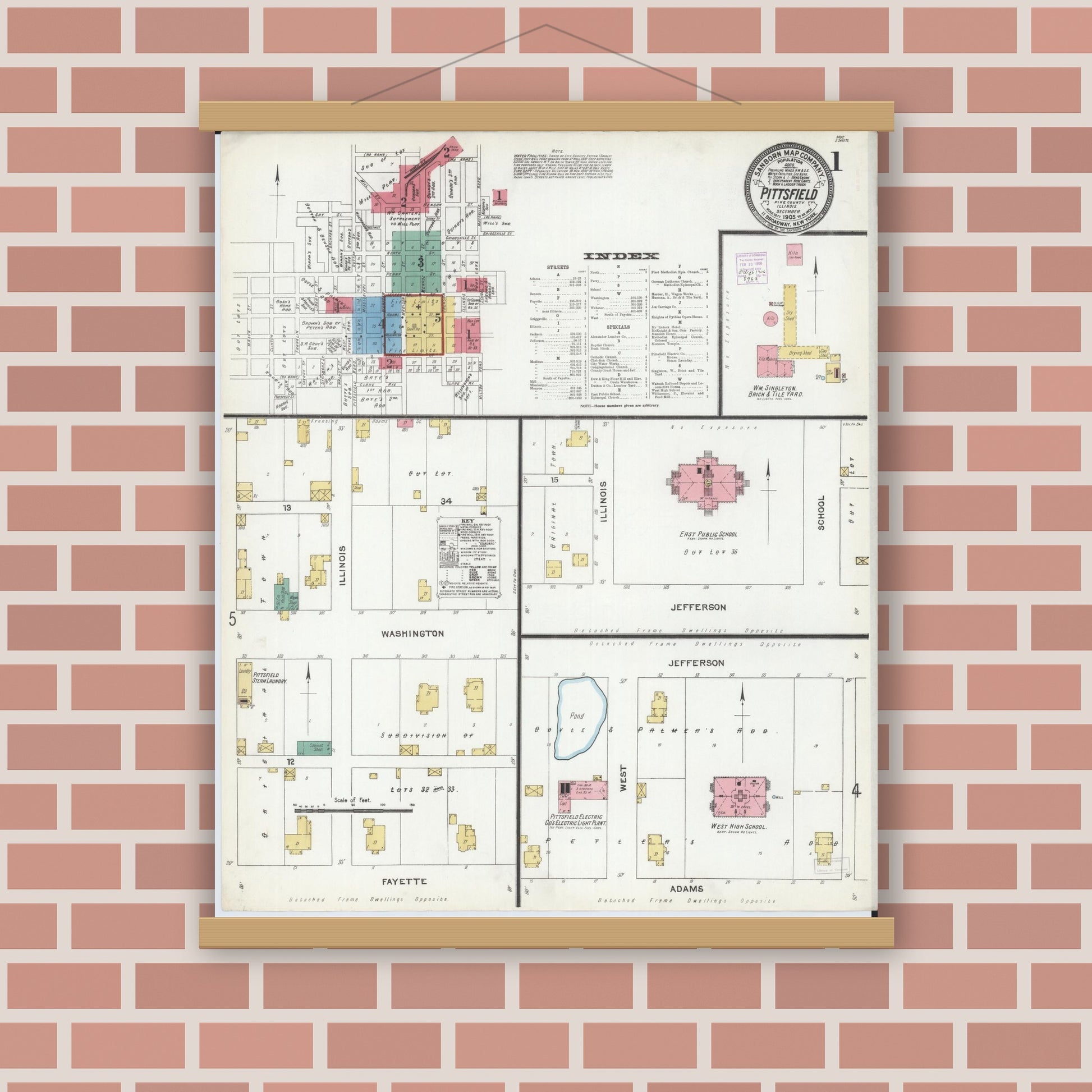 Old map wall art mockup — magnetic wood frame on brick wall — Sanborn Fire Insurance Map from Pittsfield, Pike County, Illinois (1905) - Complete Map Set