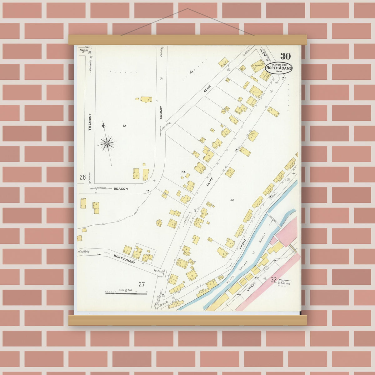 Old map wall art mockup — magnetic wood frame on brick wall — Sanborn Fire Insurance Map from North Adams, Berkshire County, Massachusetts (1908), Sheet #0030