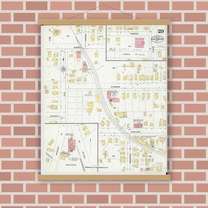 Old map wall art mockup — magnetic wood frame on brick wall — Sanborn Fire Insurance Map from Kalamazoo, Kalamazoo County, Michigan (1902), Sheet #0029